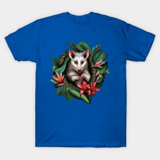 North American Opossum Surrounded By Carolina Lily Tattoo Art T-Shirt